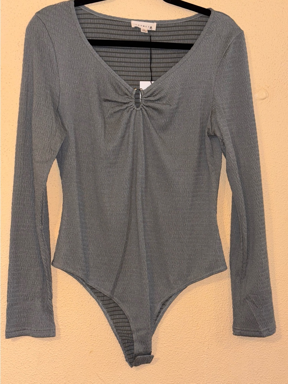 Promesa Large Sage Gray Green Ruched Long Sleeve Bodysuit NWT